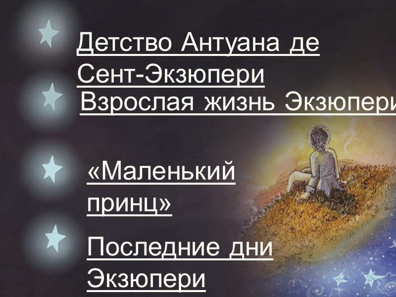 Детство Антуана де Сент-Экзюпери Взрослая жизнь Экзюпери Последние дни Экзюпери «Маленький принц»